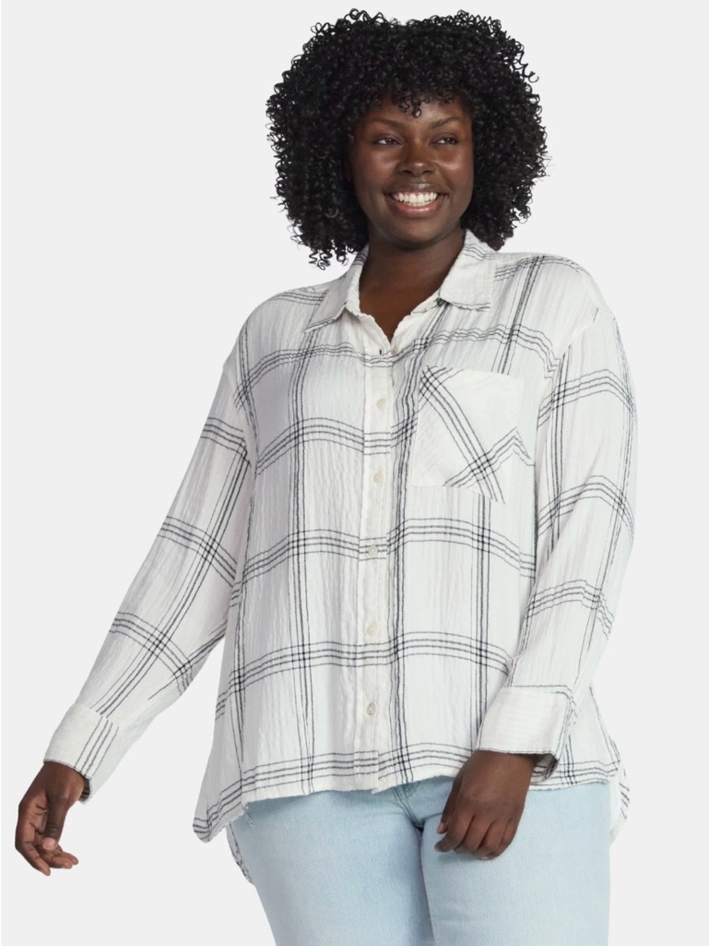 Terra & Sky Winter White Textured Plaid Button Down Curved Shirttail Blouse